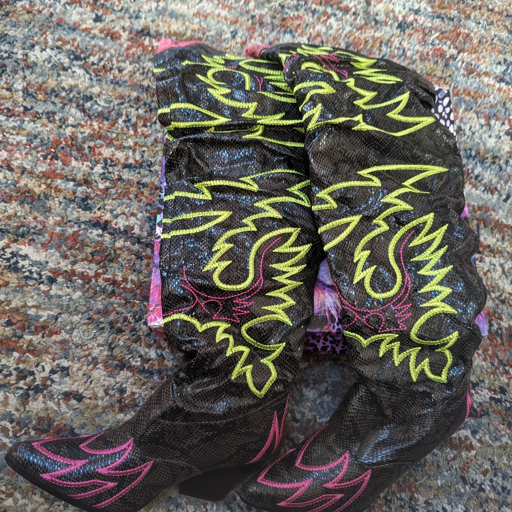 Cape Robbin Black Over the Knee Boots with Neon Accents